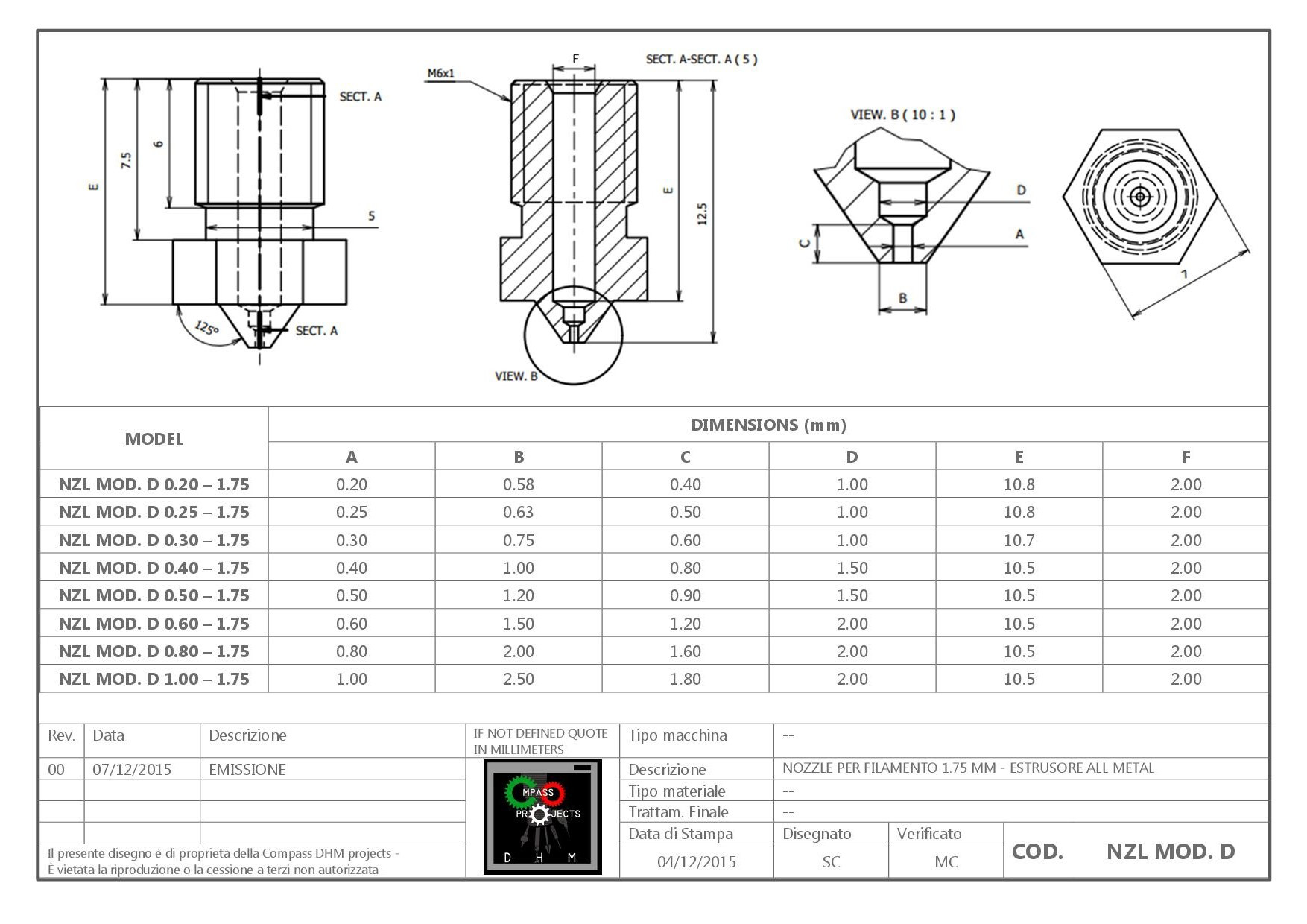 Buse d'Extrudeuse Imprimante 3D Filament Ø 1,75 mm - Ø 0,3 mm