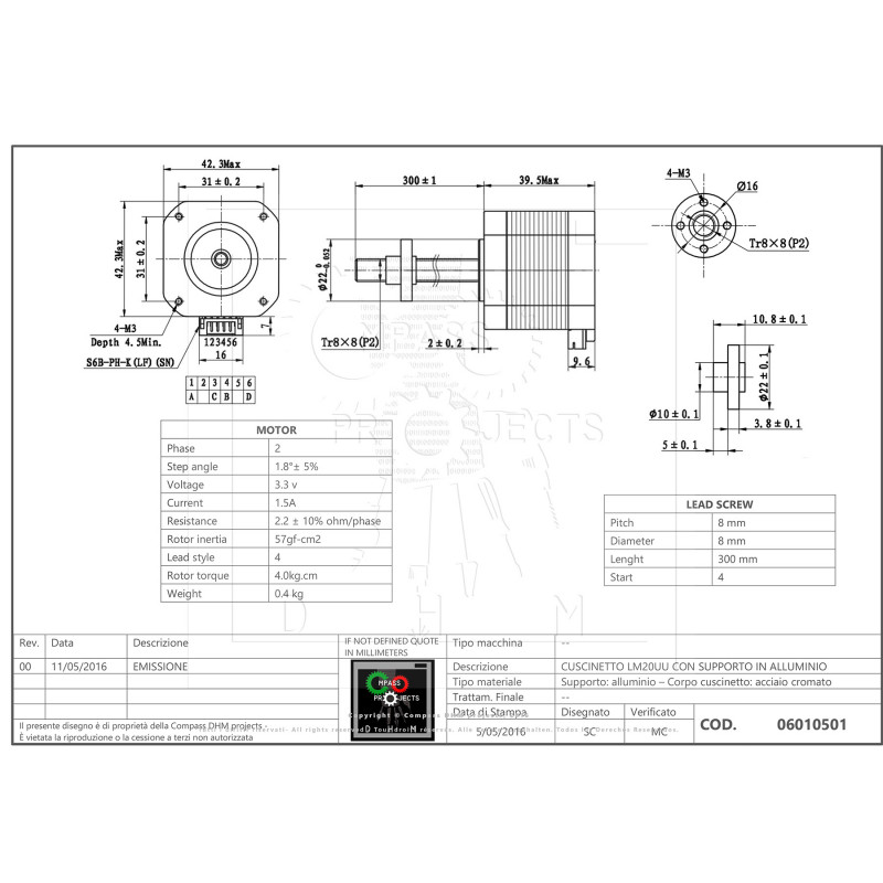 42BYGHW817-X1 1.7A 1.8° Motore passo passo stepper WANTAI NEMA 17 c