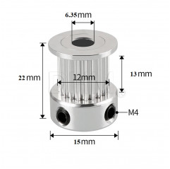 GT2 pulley Ø 6.35mm 20 Teeth for belt H12mm - height 22mm Toothed pulleys GT2 18050414 DHM Pro