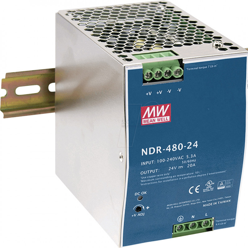 Alimentation à découpage MW NDR-480-24 Rail DIN 480W 24V 20A - MEAN WELL Alimentations 19590005 MEAN WELL