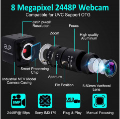 Cámara web ELP de 8 megapíxeles con objetivo Variofokus HD de 5 a 50 mm Herramientas 19900002 ELP